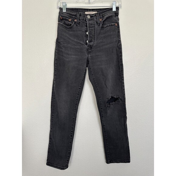 Levi's Wedgie Straight Button Fly Jeans Black Distressed High Rise Women's 26 - Picture 1 of 7